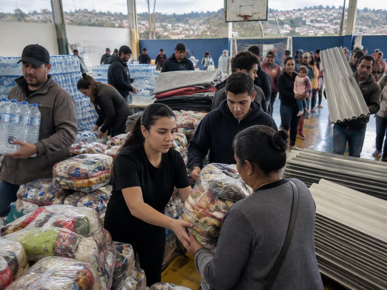 Voluntários organizam alimentos, água e cobertores para famílias atingidas